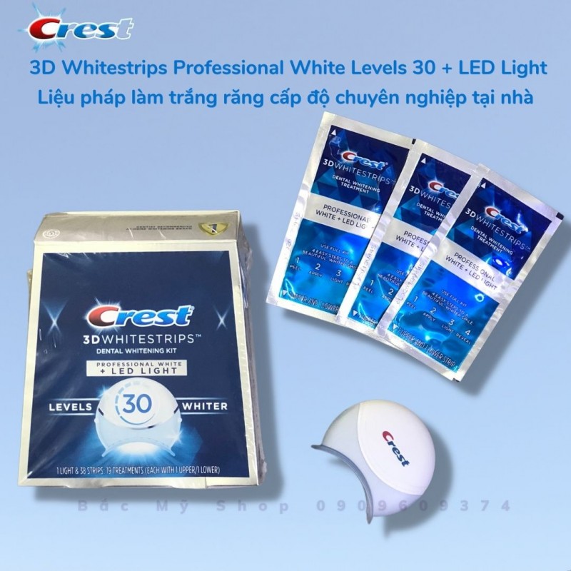 Bộ kit làm trắng răng cấp tốc crest 3d whitestrips professional white + led light levels 30