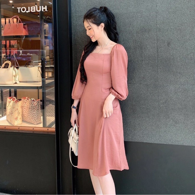 Đầm nữ cổ vuông tay lỡ mềm mại đi chơi siêu xinh
