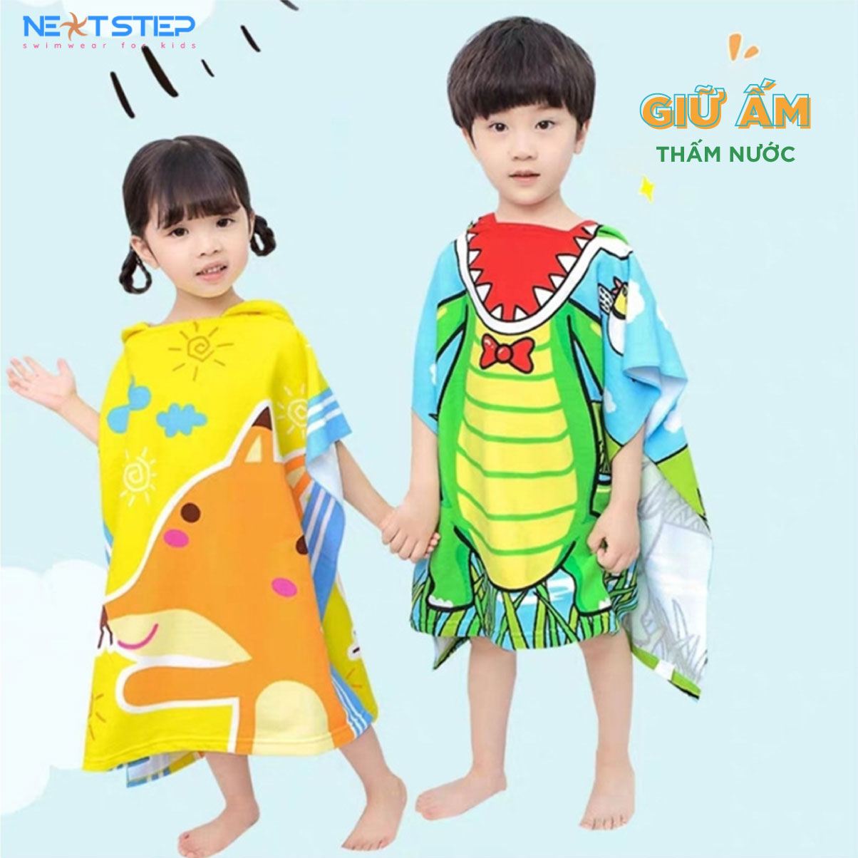 Khăn tắm cho bé khăn choàng tắm có mũ trùm đầu thấm nước tốt rất phù hợp cho bé đi bơi đi biển