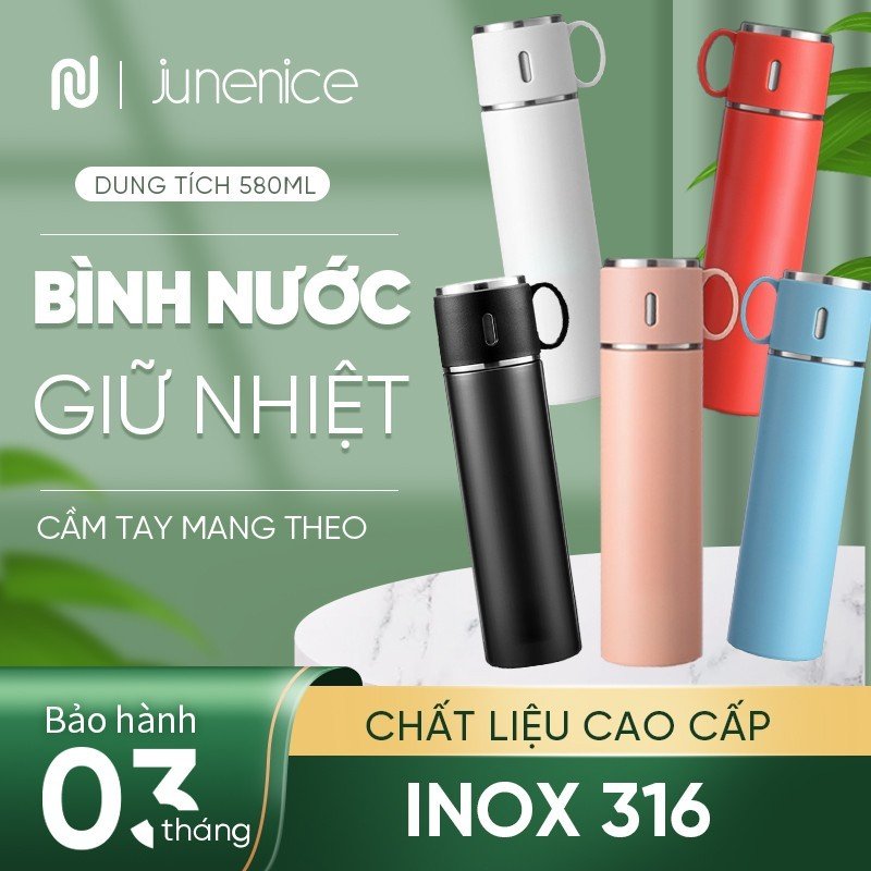 Bình giữ nhiệt JN june nice 580ml, bên trong là inox 316 bên ngoài được bọc bởi inox 304, nắp đậy của bình tiện lợi