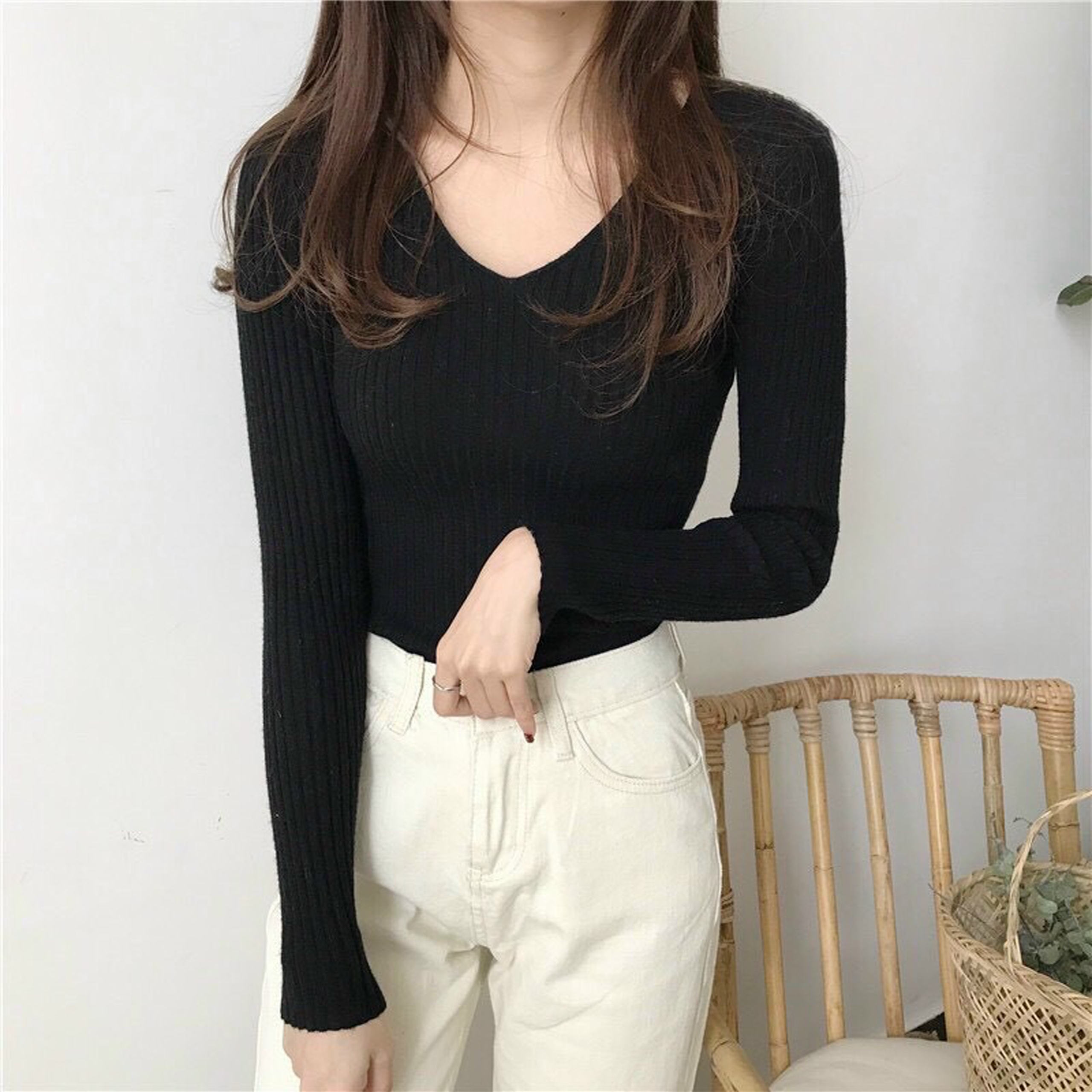 Áo kiểu nữ cổ tim tay dài chất thun gân dày dặn