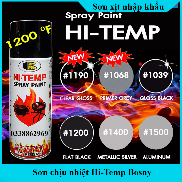 Sơn nhiệt độ cao, Sơn chống cháy pô xe  Hi-temp Bosny Thái Lan - Sơn chịu nhiệt màu đen, bạc, trắng, đỏ, vàng, xanh