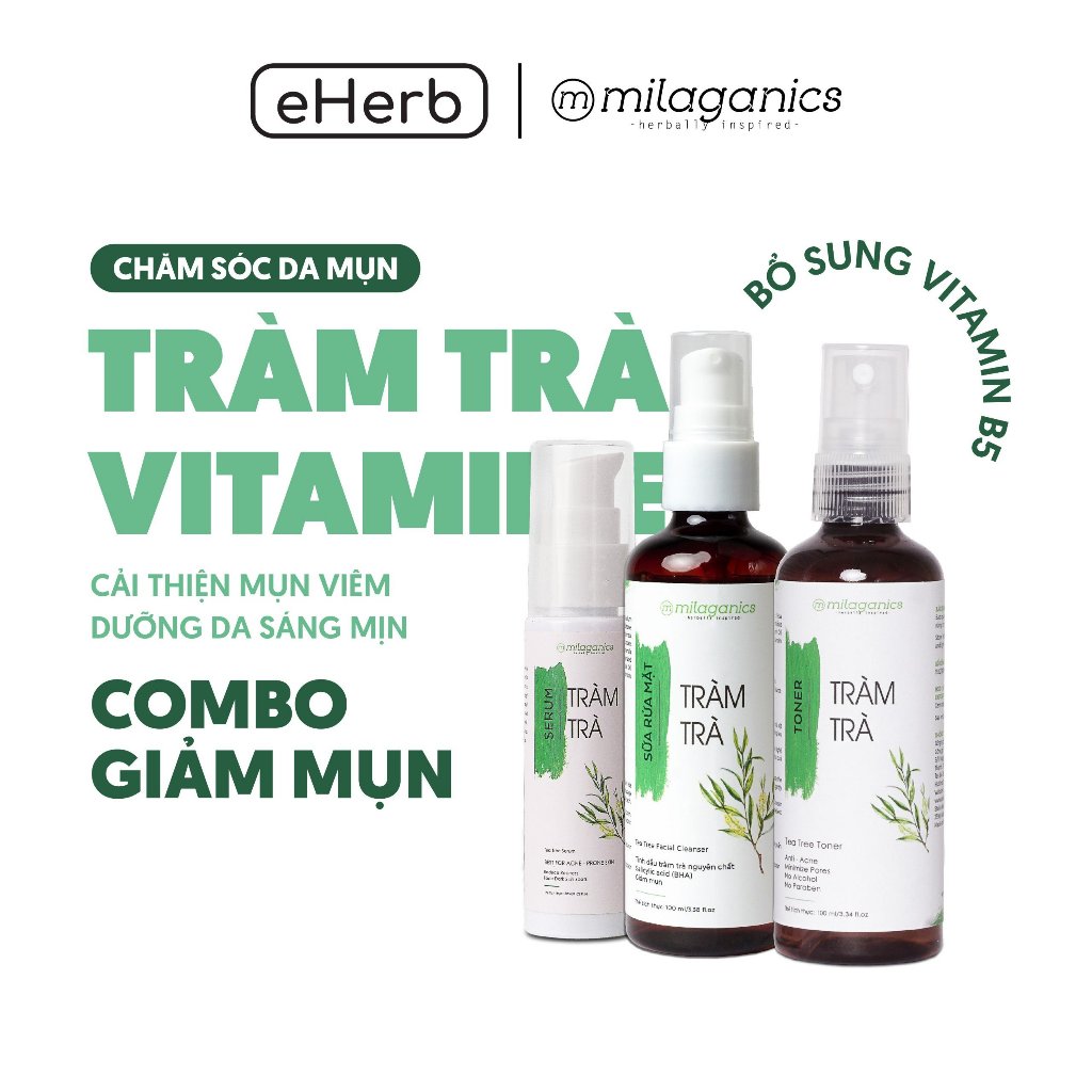 Bộ giảm mụn mờ thâm: sữa rửa mặt, toner, tinh chất serum tinh dầu tràm trà giảm viêm MILAGANICS 230ml