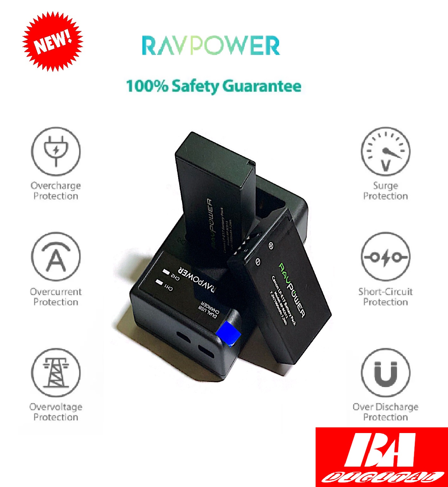 Bộ 2 pin + 1 sạc ravpower lp-e17 for canon eos 77d, eos 750d, eos 760d, eos 8000d, eos m3, eos m5, eos m6