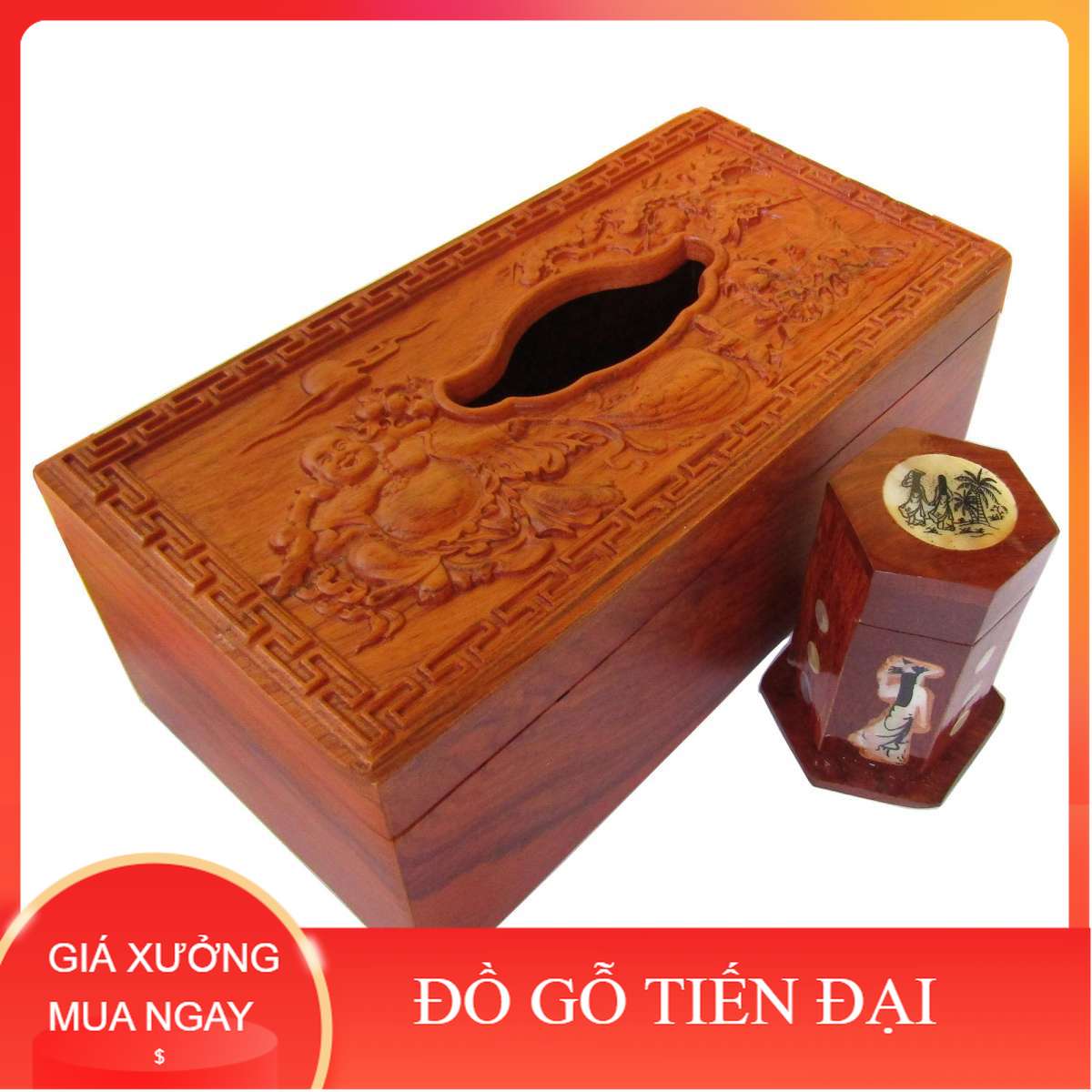 Hộp đựng giấy ăn ông di lặc gỗ hương kèm hộp tăm