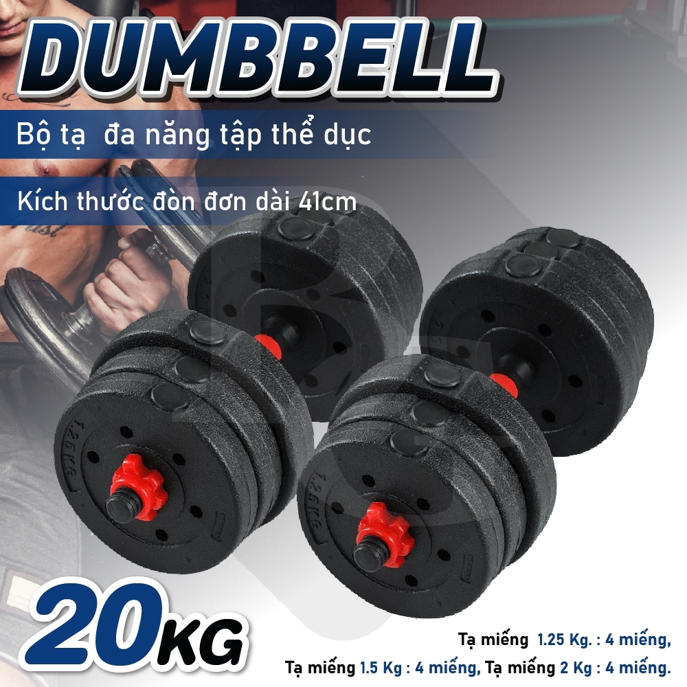 BG Bộ tạ tay đa năng cao cấp PVC 20KG dễ dàng tháo lắp bọc nhựa đen