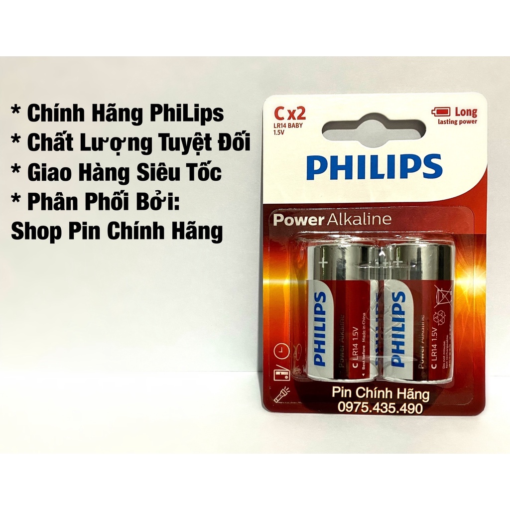 Pin trung philips alkaline lr14 1.5v cao cấp hàng chính hãng vỉ 2 viên