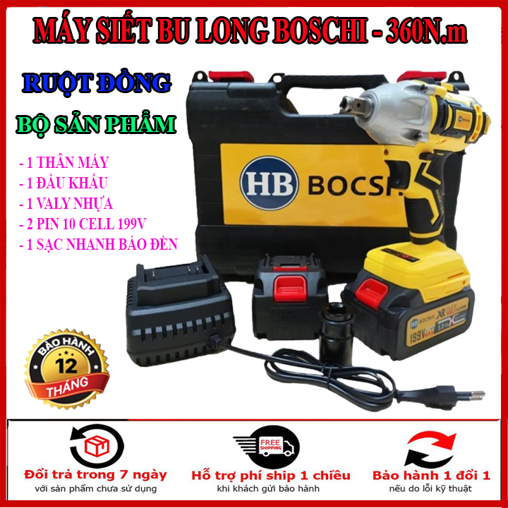 MÁY SIẾT BU LONG BOSCHI DÙNG PIN 10 CELL - CÔNG SUẤT 199V LỰC SIẾT 360N.m - ĐỘNG CƠ KHÔNG CHỔI THAN - BẢO HÀNH 12 THÁNG.