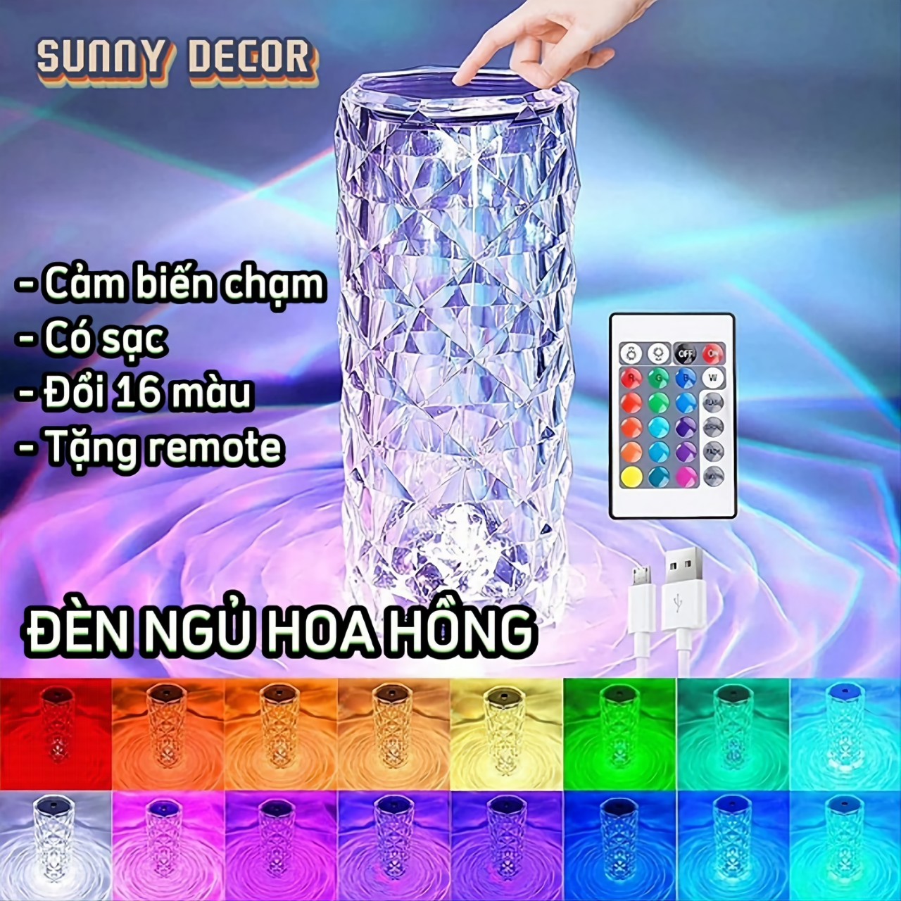  Đèn ngủ Pha Lê cảm ứng hoa hồng RGB có remote điều khiển 16 màu pin sạc cầm tay decor phòng 