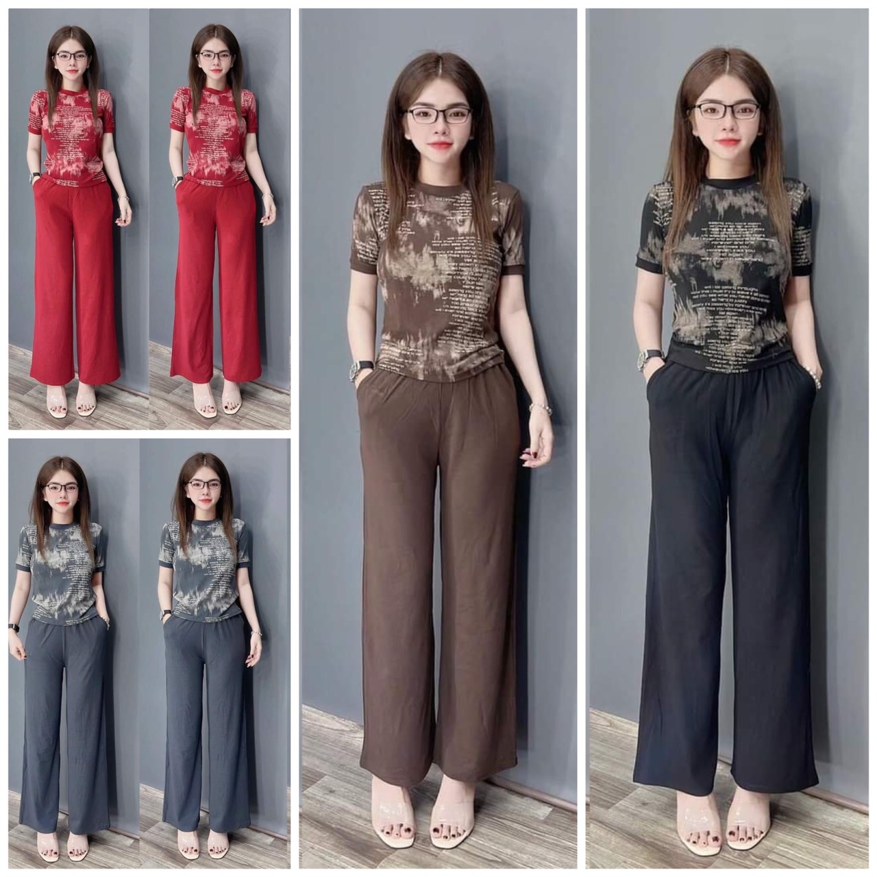 Đồ bộ mặc nhà chất liệu thun co dãn Set Bộ Nữ Ống Rộng Thun Gân Tăm Lạnh Mix Áo Form Suông Top Đen