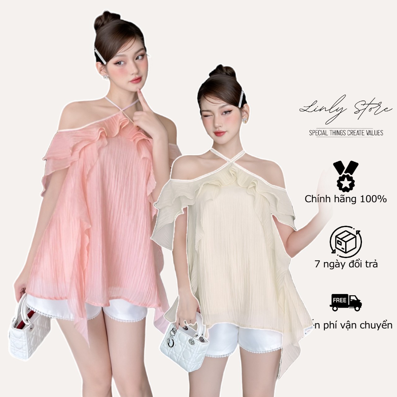 Set áo cổ yếm nữ bèo nơ sau dáng xòe, quần Short nữ taffta Linly Store