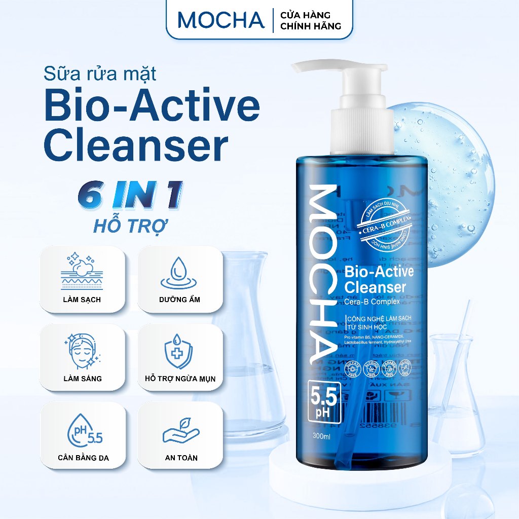 Sữa Rửa Mặt Mocha Bio Active Cleanser 300ml Dịu Nhẹ Lành Tính, Cho Da Dầu Mụn Nhạy Cảm