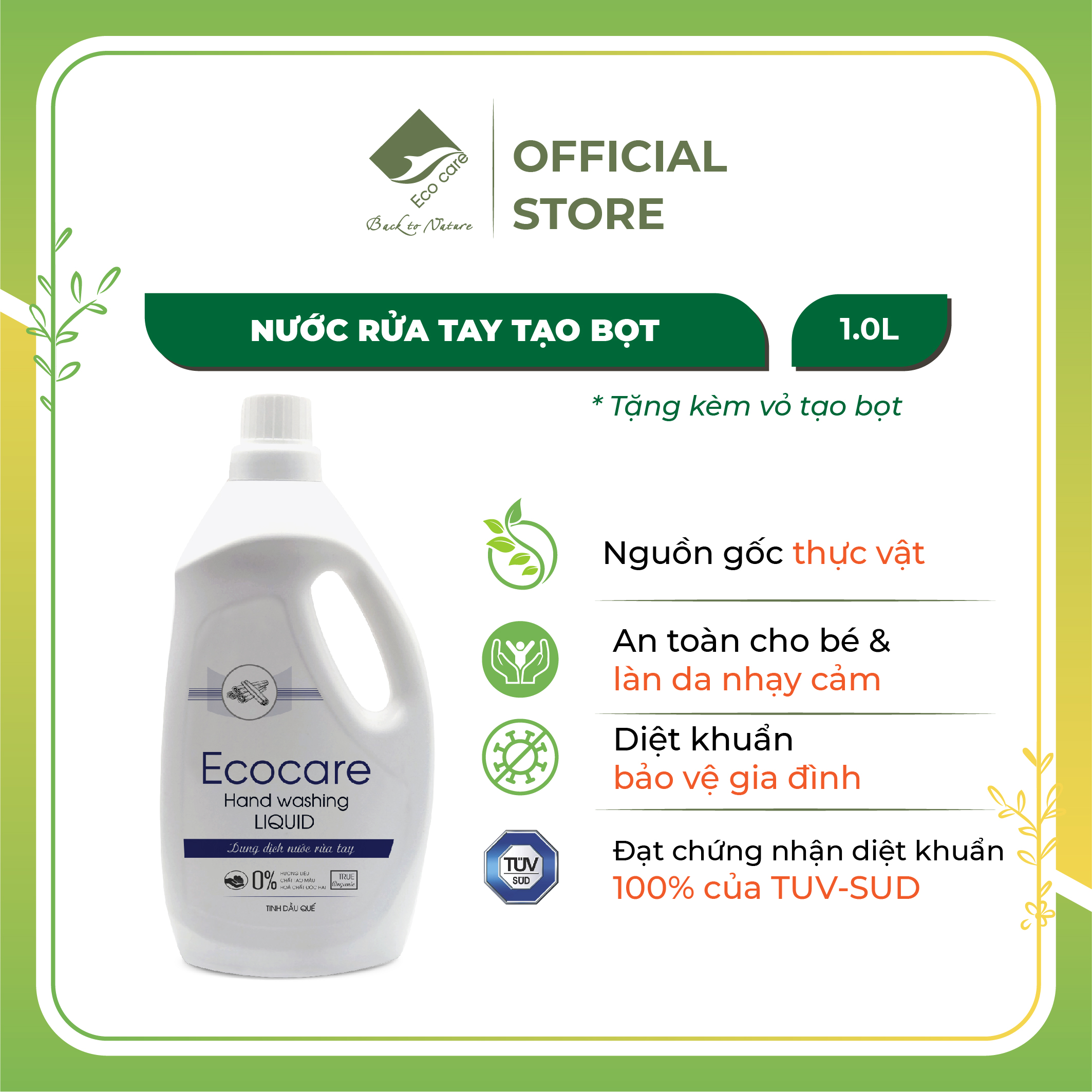 Nước rửa tay tạo bọt hữu cơ 1l-4l, nước rửa tay diệt khuẩn tinh dầu tự nhiên ecocare