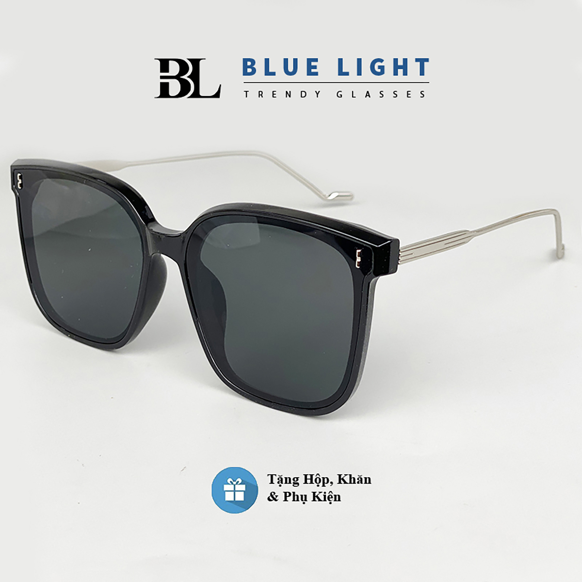 Kính râm, kính mát nam nữ, mắt vuông to đen, càng kim loại, chống uv 400 - blue light