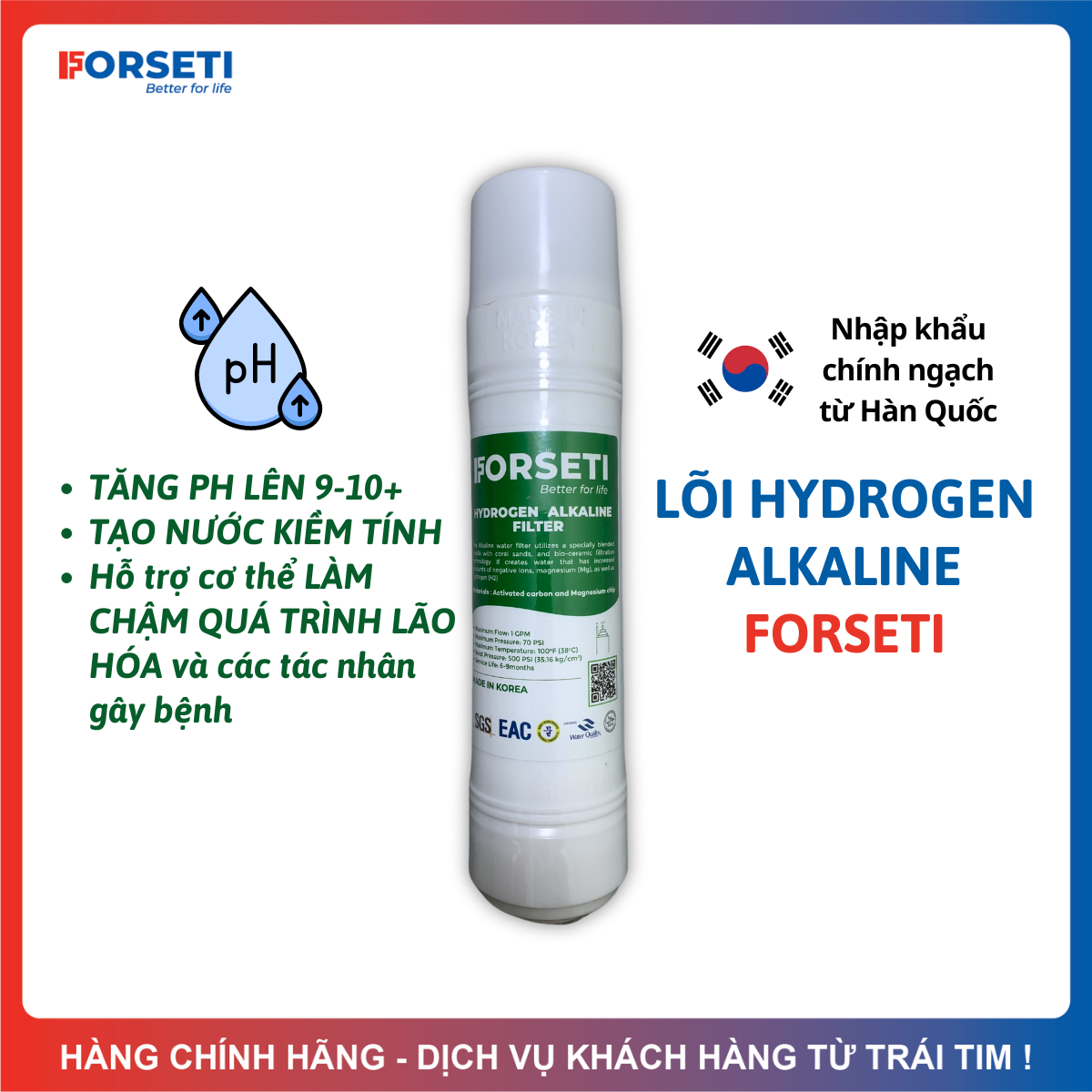 Lõi Lọc Nước Hydrogen Alkaline Hàn Quốc Dạng U (U-Type) Thương Hiệu Forseti - Tăng pH lên 8-10