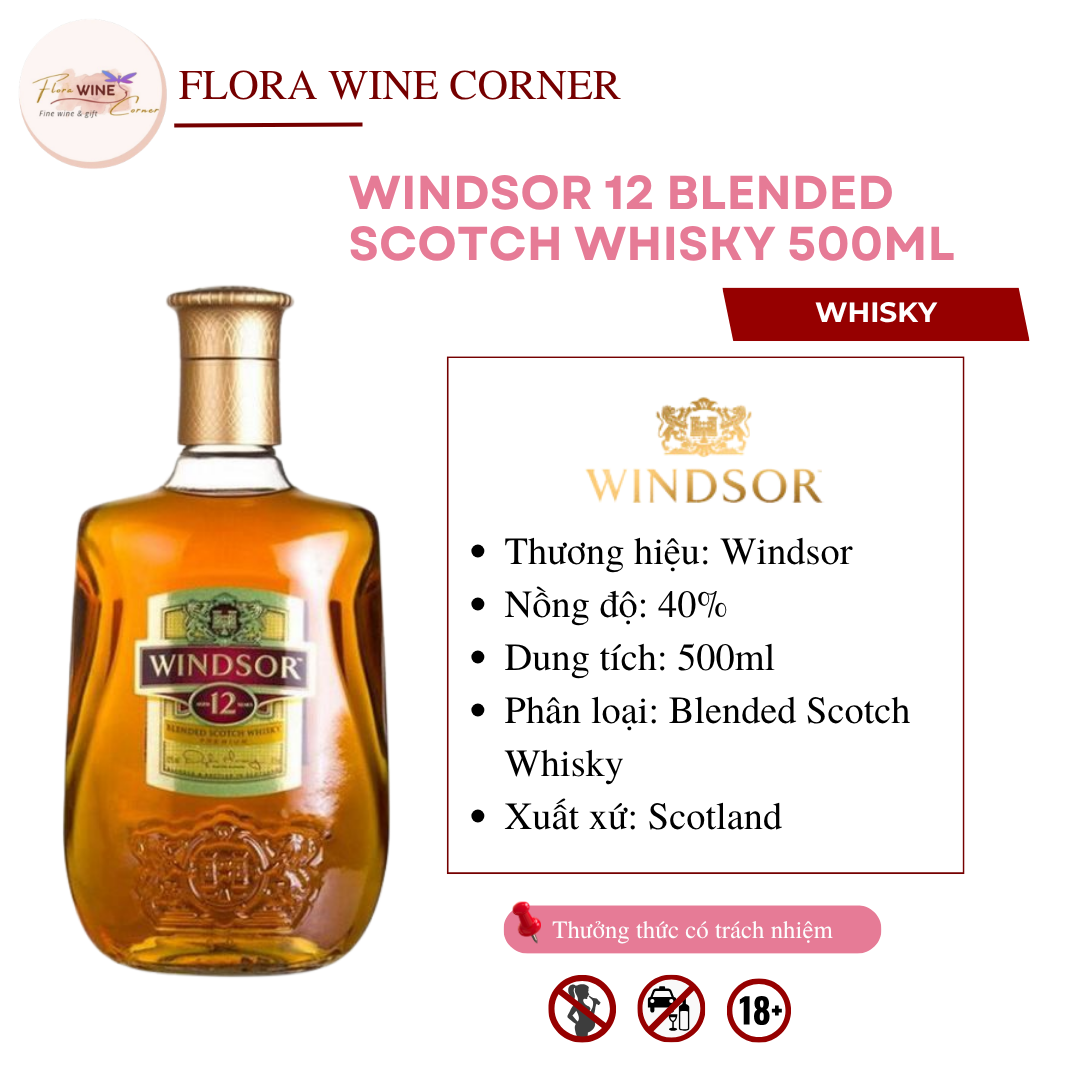 Rượu mạnh Whisky Scotland Windsor 12 Blended Scotch Whisky – Nồng độ 40% Alc, 500ml - Nhập khẩu Chính Hãng