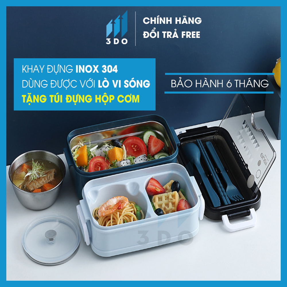 [TẶNG TÚI GIỮ NHIỆT] Hộp đựng cơm giữ nhiệt 2 tầng inox 304, Hộp cơm văn phòng dùng trực tiếp lò vi sóng kèm bộ thìa đũa nĩa bát canh (BẢO HÀNH 6 THÁNG),hộp đựng cơm văn phòng,hộp cơm inox