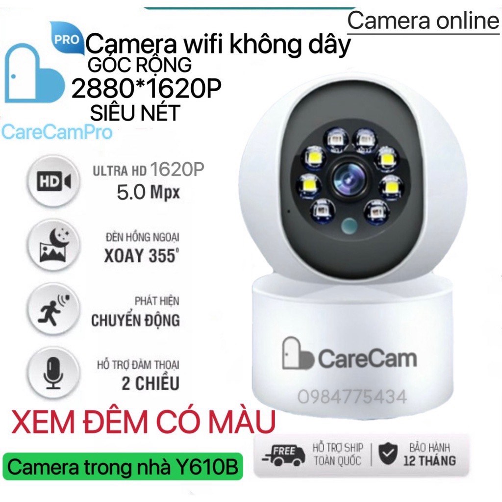 [Tặng đế tường] Camera Wifi Carecampro 3.0MP, Phiên bản V5pro 2022 hoặc 2023, Chạy App: CARECAMPRO