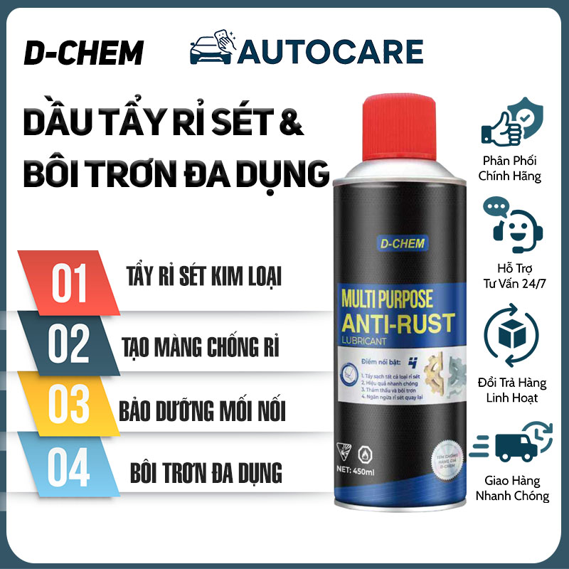 Chai 450ml Dầu Tẩy Rỉ Sét & Bôi Trơn Đa Dụng - D-Chem Anti Rust - Chống & Tẩy Rỉ Sét Kim Loại - Bôi Trơn Êm Ái - Bảo Vệ Bền Lâu