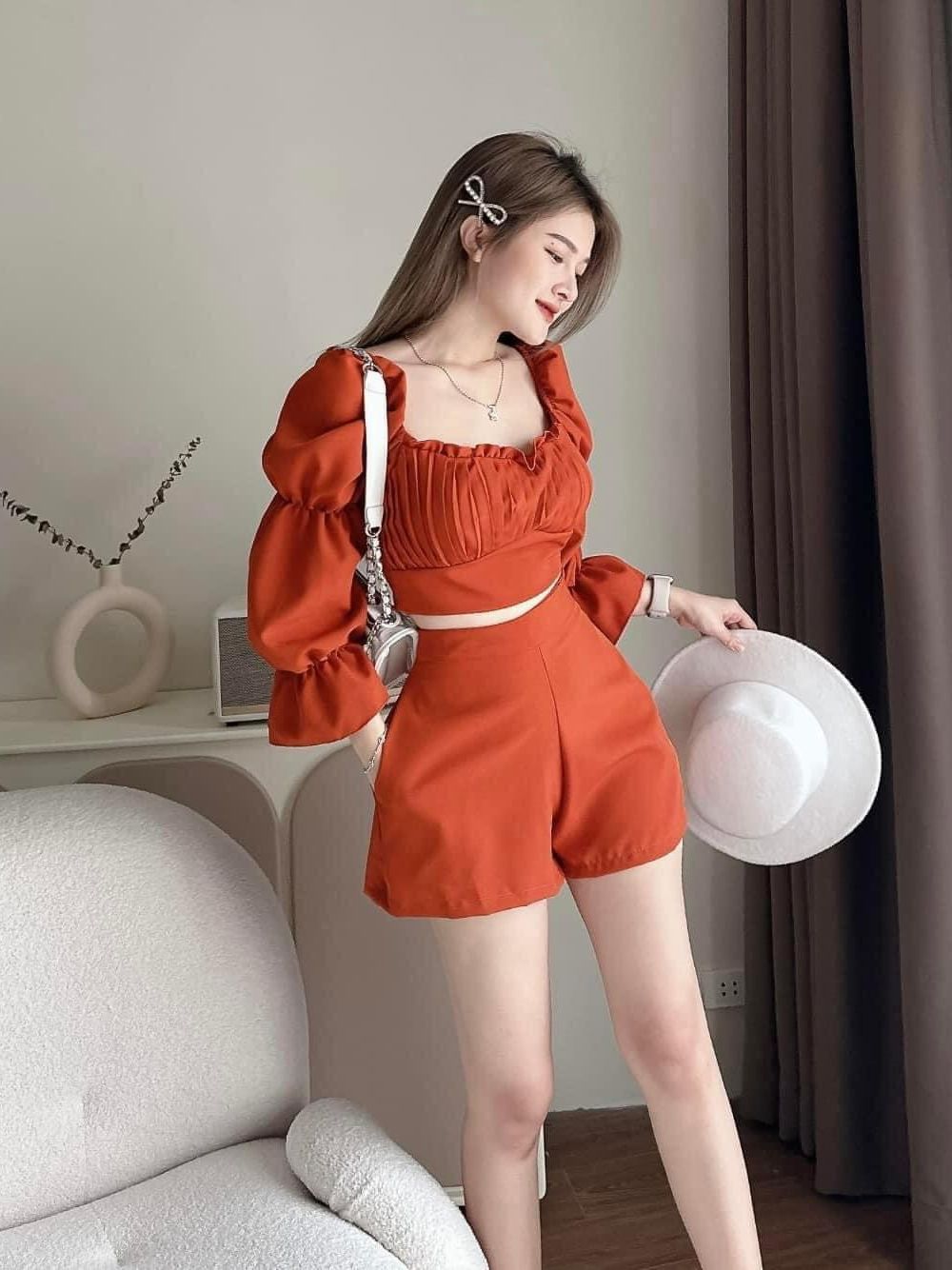 Set đi biển áo tay phồng dài croptop cổ vuông , quần short nữ, đồ bộ đùi cotton tiểu thư nhiều màu xinh xắn