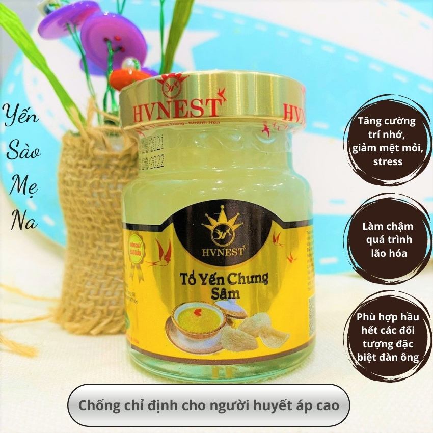 Yến Sào Khánh Hòa chưng Sâm Hoàng Việt 30% yến tươi không chất bảo quản thích hợp cho người lớn, người mới ốm dậy giúp tăng cường sức đề kháng, bồi bổ sức khỏe giảm mệt mỏi