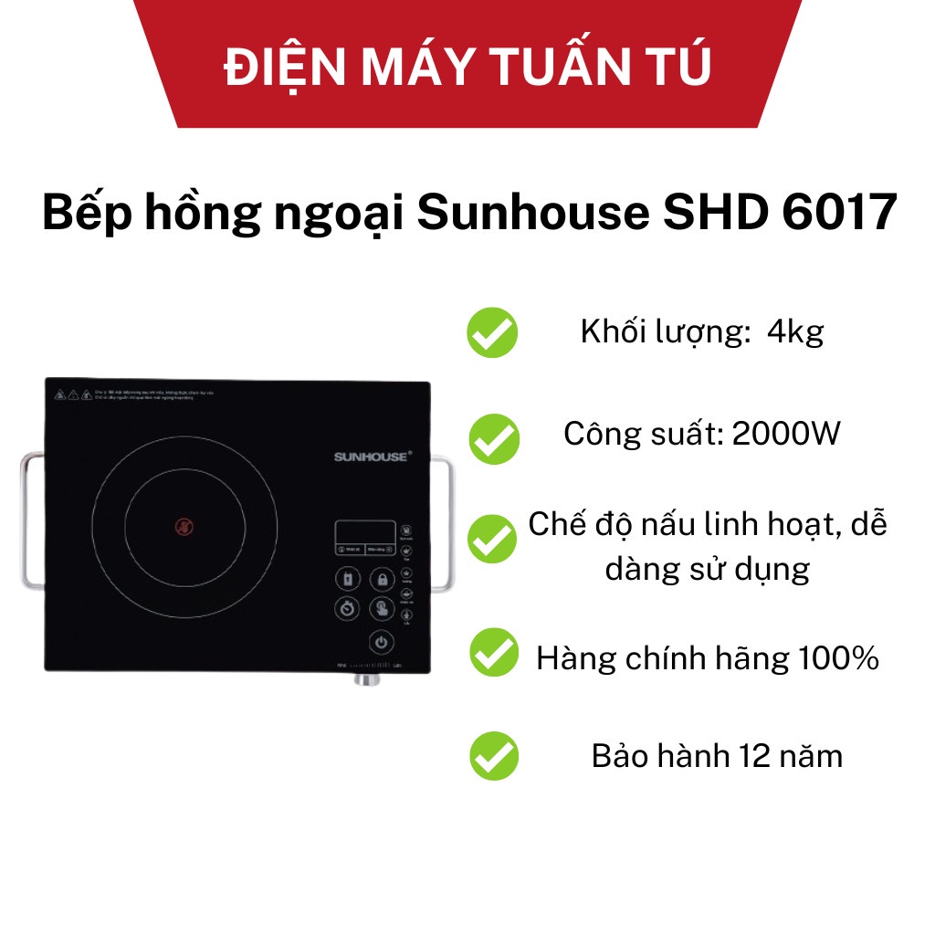 Bếp hồng ngoại sunhouse shd6017 , tặng kèm vỉ nướng inox, bếp hồng ngoại sunhouse shd6011bảo hành 12 tháng