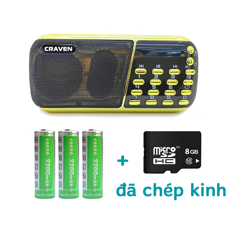 [kèm thẻ 8GB 50 bài] Loa mini, loa kinh, nghe nhạc, nghe đài FM Craven CR-853 hỗ trợ 2 khe thẻ nhớ và 1 cổng USB - dung lượng pin khủng 6600mah (đen) Phụ kiện 1986