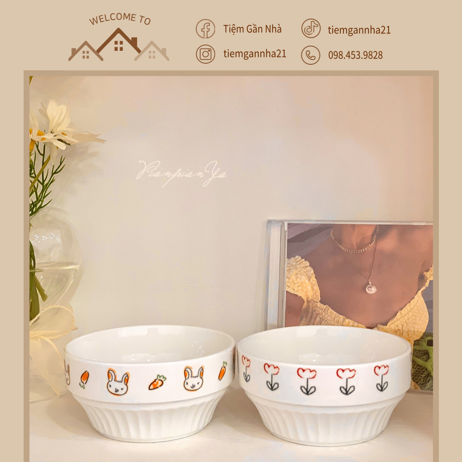 Bát gốm sứ họa tiết hoa, thỏ, cherry dễ thương phong cách Hàn Quốc