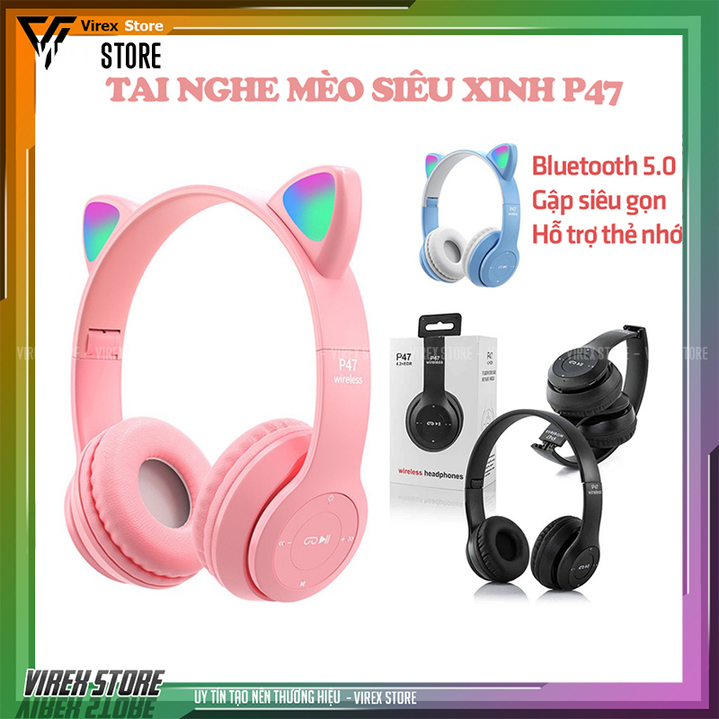 Tai Nghe Bluetooth P47M Tai Mèo Dễ Thương headphone Có Mic, thẻ nhớ