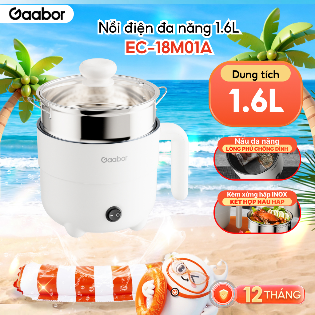 Nồi điện đa năng 1,6 lít Gaabor EC-18M01A lòng chống dính chiên, nấu, xào, ăn mì, nấu lẩu kèm xửng hấp inox - Bảo hành 12 tháng 1 đổi 1