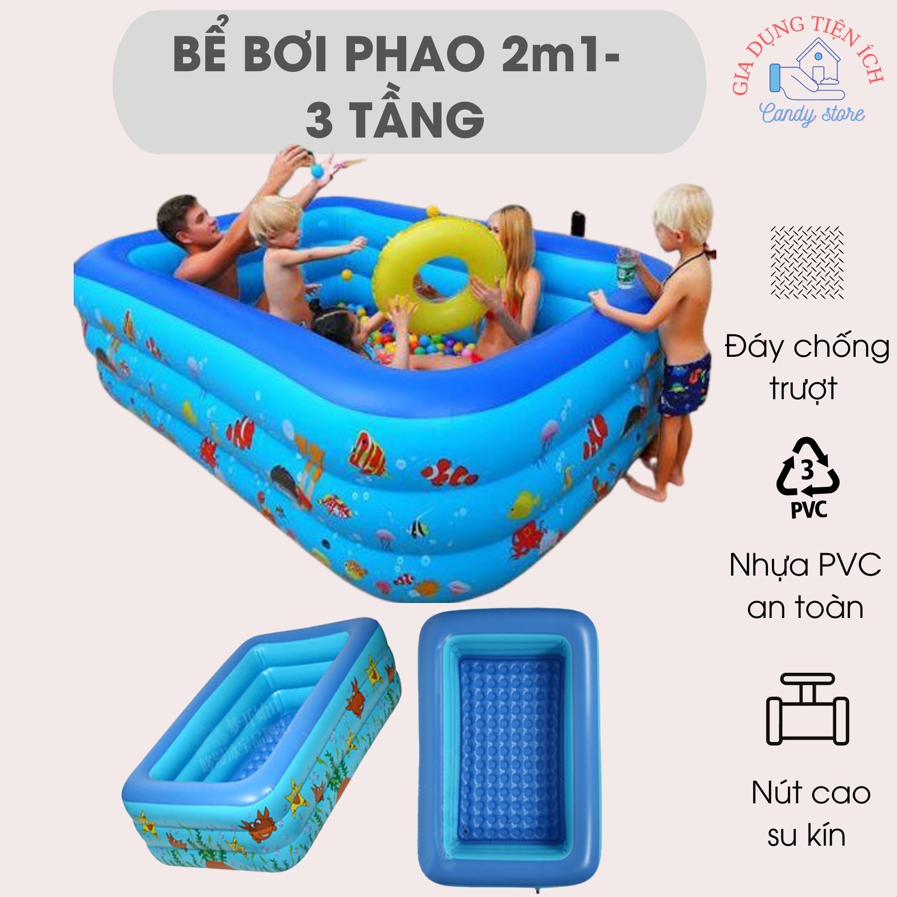 Bể bơi phao cho bé 3 tầng kích thước 2m1 , hồ bơi phao trẻ em và gia đình có đáy chống trượt độ đàn hồi cao, chất liệu PVC an toàn cho trẻ