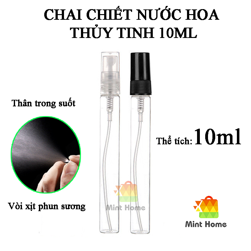 Chai chiết nước hoa, dung dịch, toner, vỏ lọ chiếc thủy tinh vial hình trụ tròn dạng vòi xịt phun sương 10ml