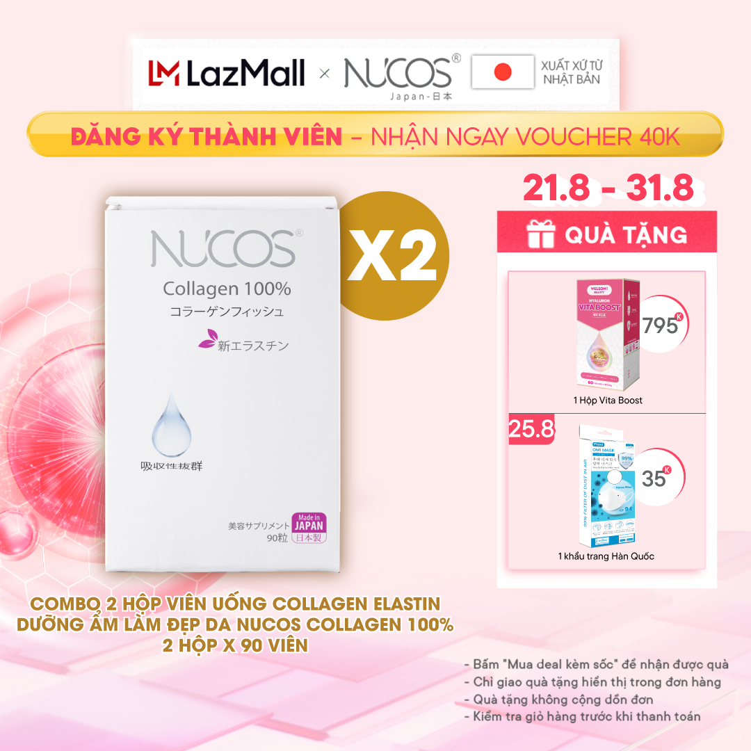 Combo 2 hộp Viên uống collagen elastin dưỡng ẩm làm đẹp da Nucos Collagen 100% 90 viên