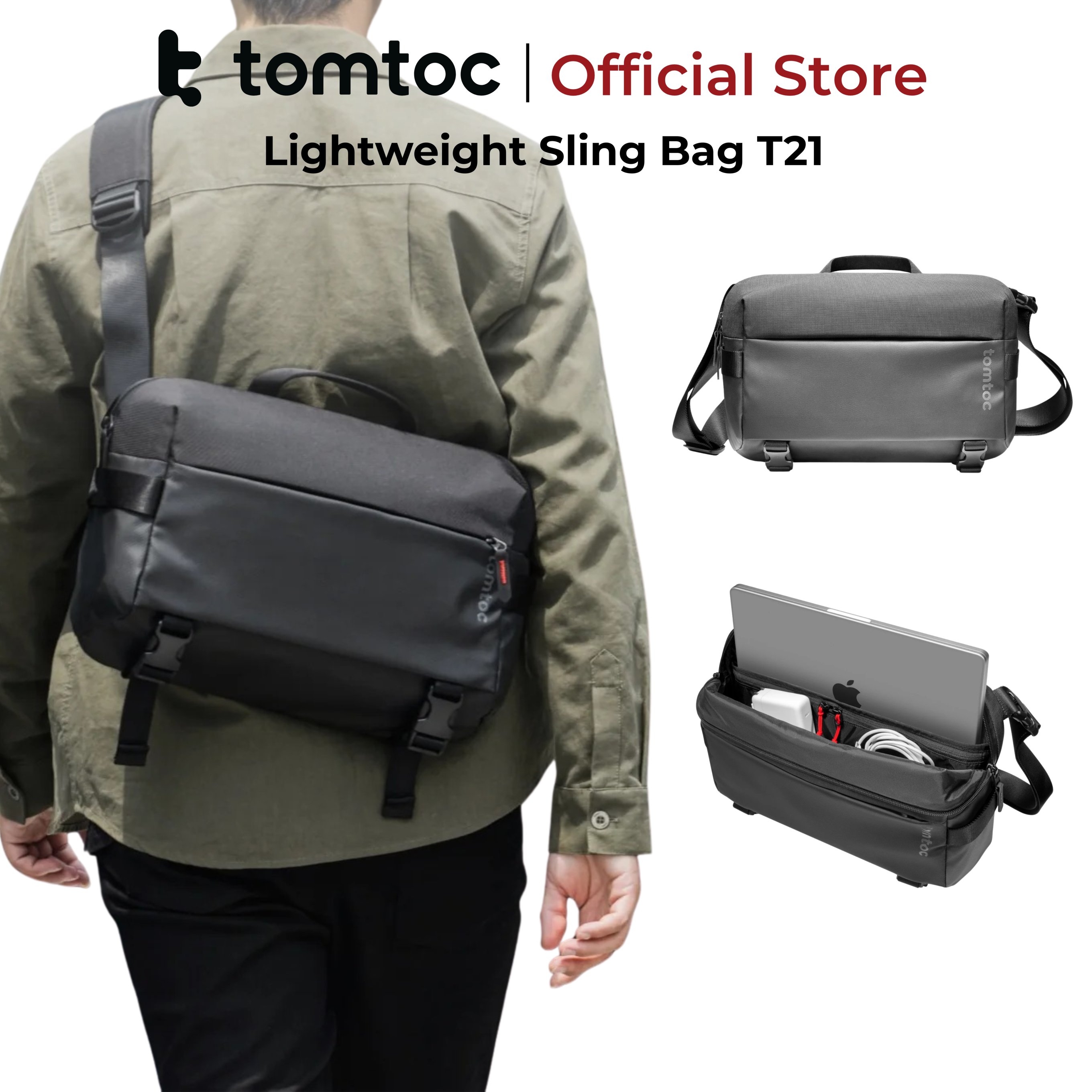 Túi đeo chéo Tomtoc Lightweight Sling Bag 13 inch/14 inch T21 chính hãng, nhiều ngăn, kháng nước