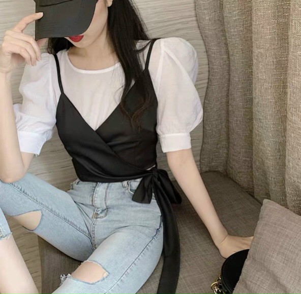 Áo tay phồng trắng phối 2 dây đen - ut33