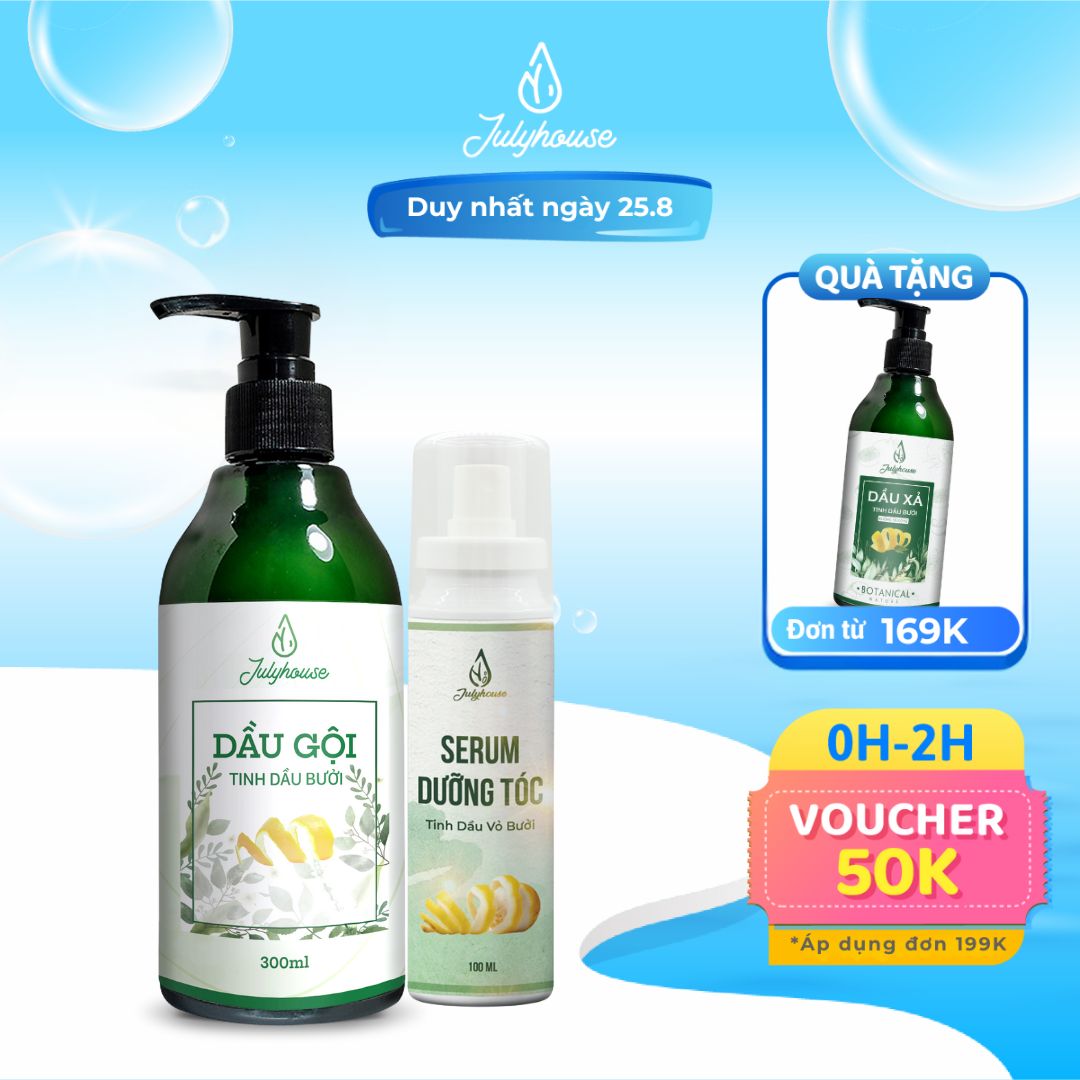Combo dưỡng tóc bồng bềnh: dầu gội bưởi 300ml và serum dưỡng tóc bưởi 100ml julyhouse