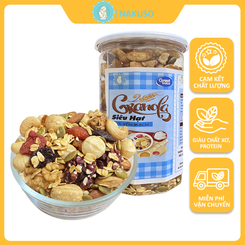 Granola siêu hạt 5% yến mạch nướng mật ong Nakuso - Ngũ cốc hạt granola eatclean, hỗ trợ ăn kiêng, giảm cân dinh dưỡng bà bầu