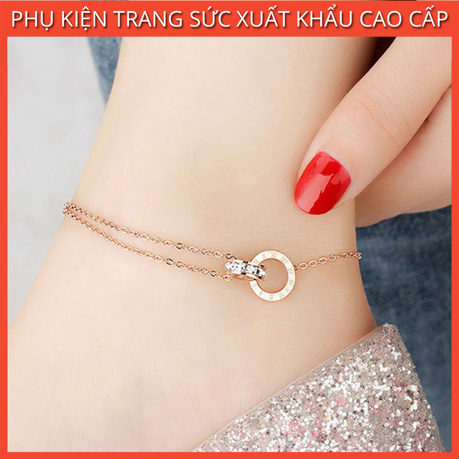Lắc chân nữ, vòng chân nữ titan khoen tròn số la mã màu hồng