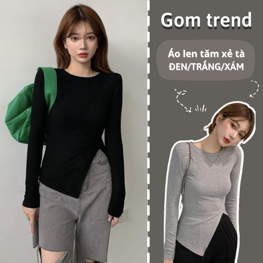 Áo len tăm nữ xẻ vạt lệch dài tay - áo thun nữ thu đông nữ xẻ tà chất tăm co dãn bigsize tôn dáng gom881