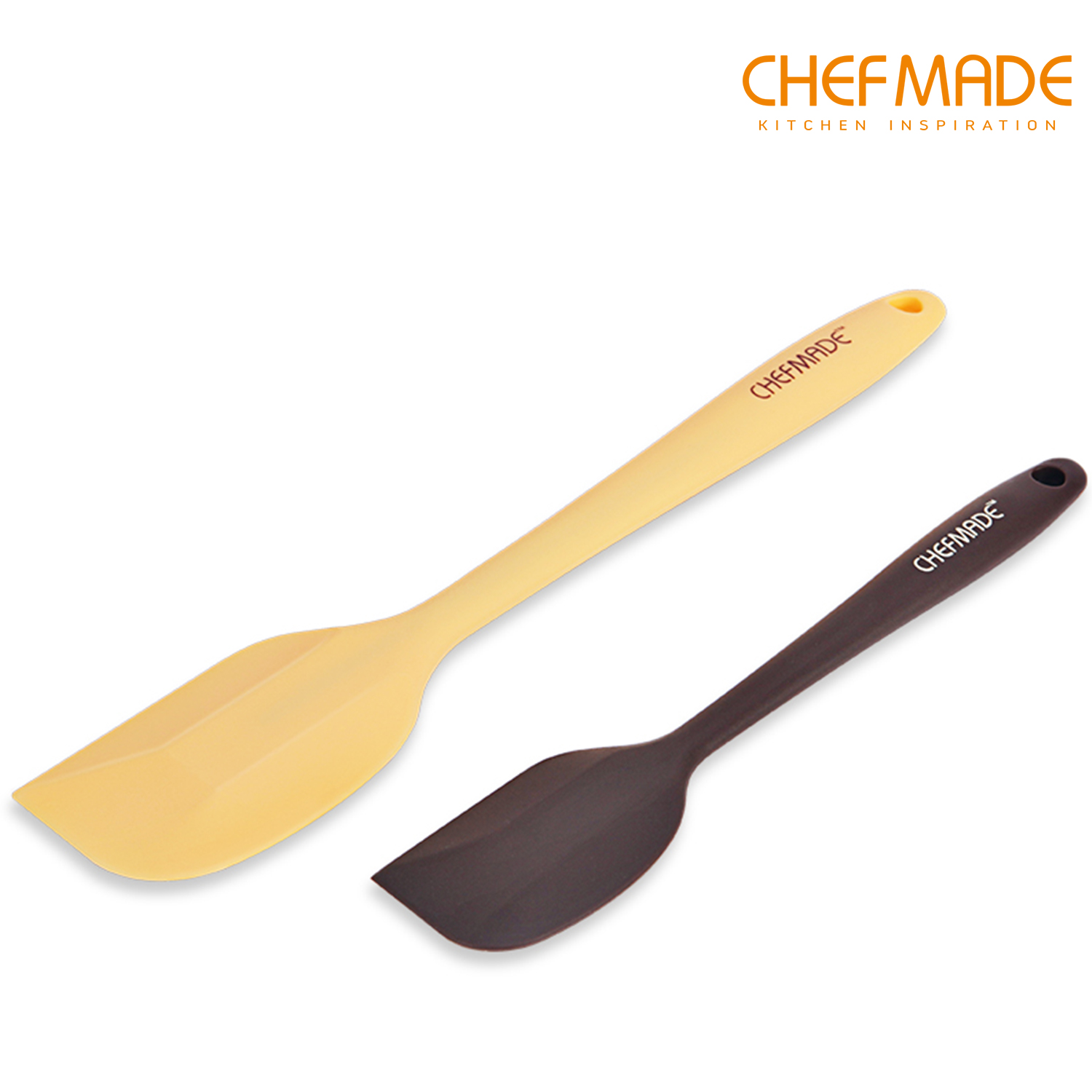 CHEFMADE Bộ 2 Cây Vét Bột Silicon, Chống Dính Chịu Nhiệt Lõi Trong Bằng Thép Không Gỉ Được FDA Phê Chuẩn Để Nướng Trộn Phết & Ướp 10.9 "X 2.2" (Màu Vàng) 8 "X 1.6" (Màu Nâu) WK9154