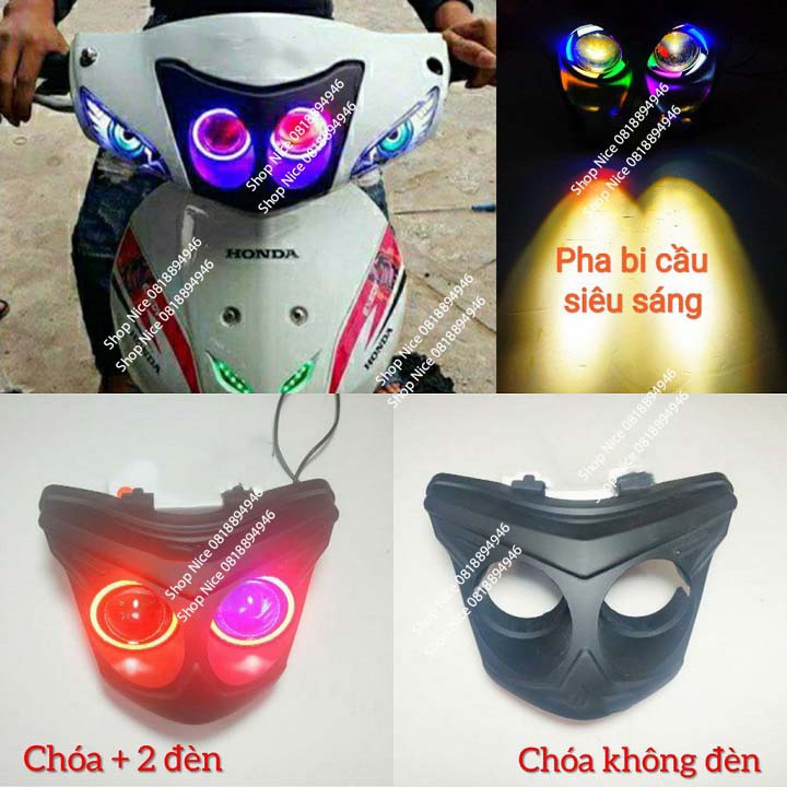 Pha đèn mắt cú xa máy Wave giá 1 bộ gồm chóa và 2 đèn mắt cú