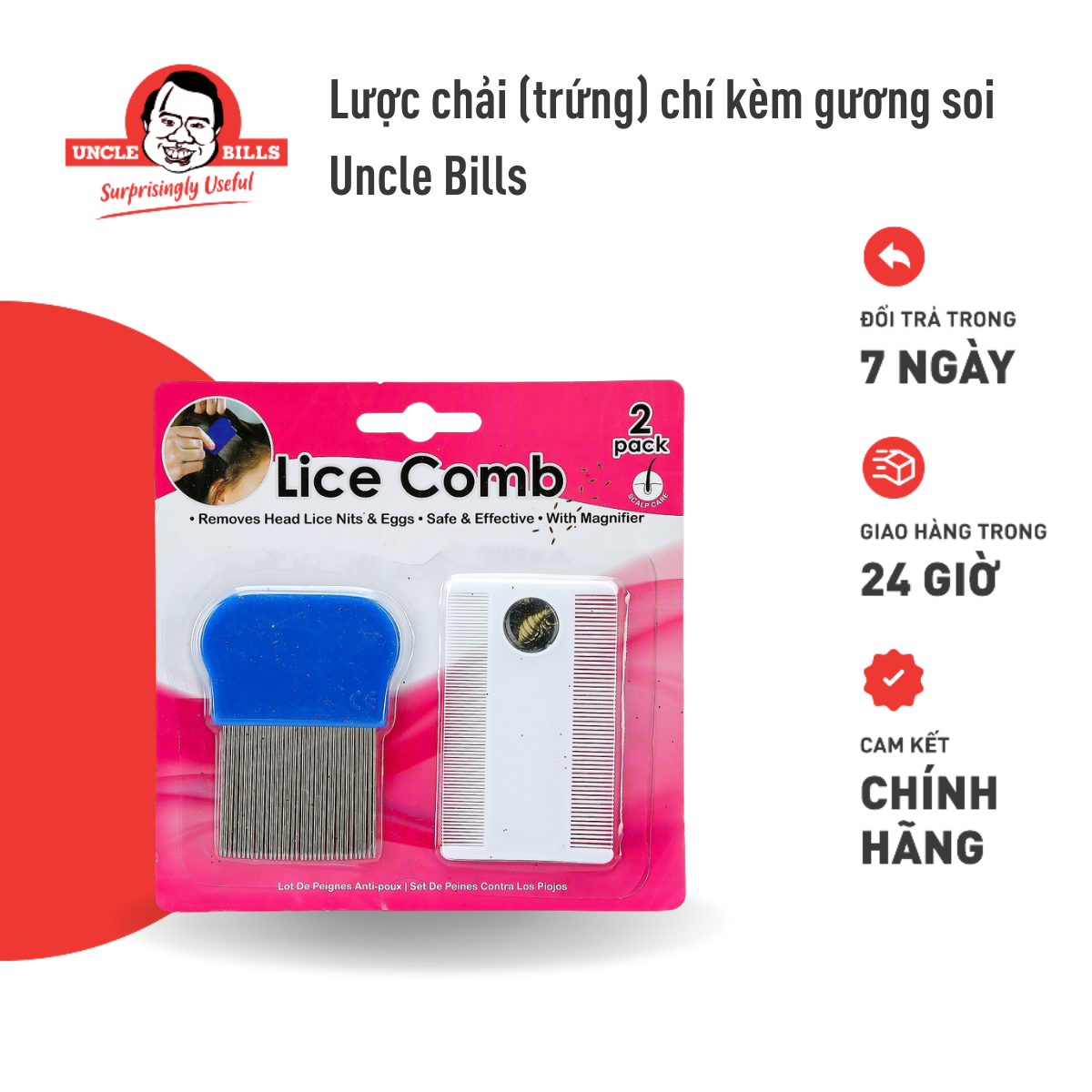  Lược Chải Chí  Trứng Chí Bằng Thép Không Gỉ Kèm Lược Có Gương Soi Uncle Bills AH2250 