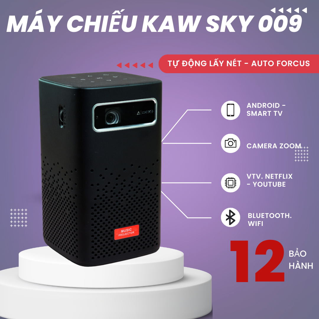 Máy chiều mini kaw sky-009, tích hợp auto focus, độ phân giải 4k, phản chiếu hình ảnh 3d, bảo hành 5 năm