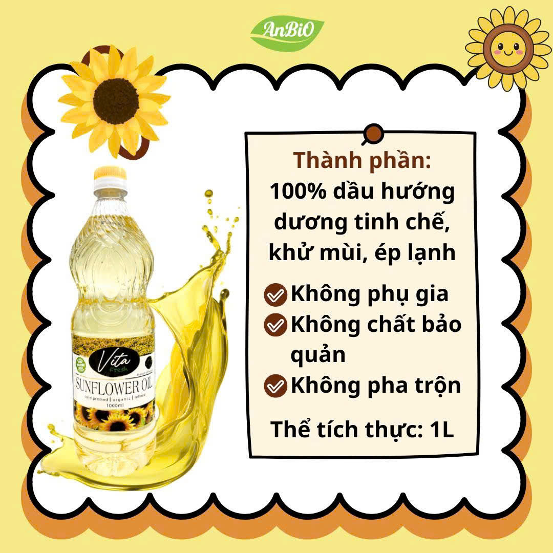 Dầu hướng dương hữu cơ ép lạnh nhập khẩu từ Nga Vita Fresh chai 1 lít