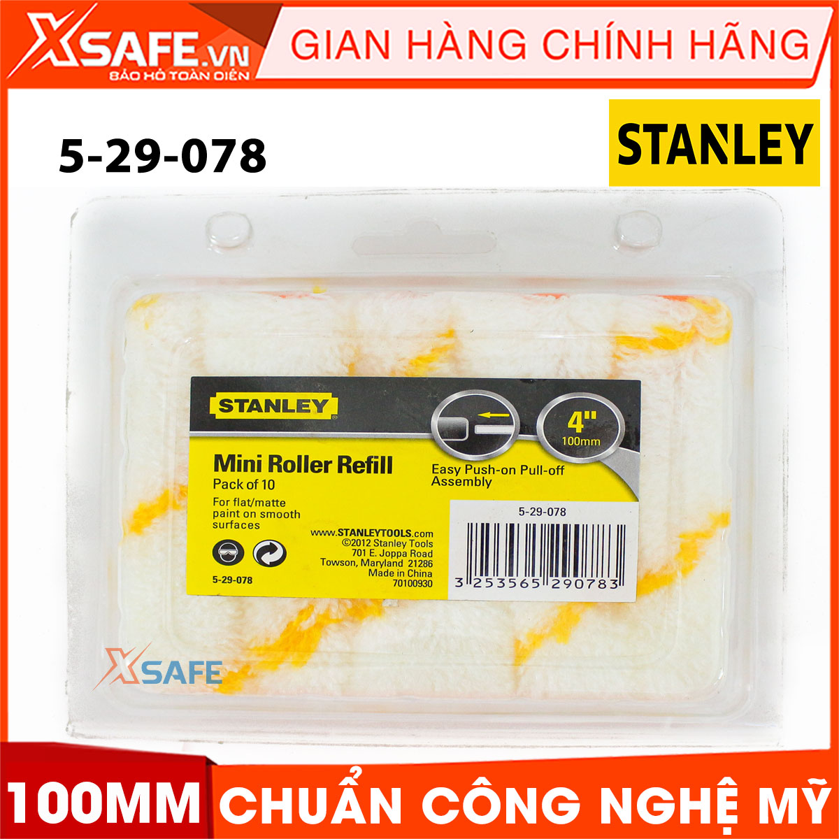 Lăn sơn 4inch STANLEY 5-29-078 100mm. Lăn sơn Stanley được làm bằng vải bông mềm cho độ thấm sơn và đường lăn mềm mịn, màu trắng sọc và bắt mắt và dễ dàng sử dụng hay thao lắp