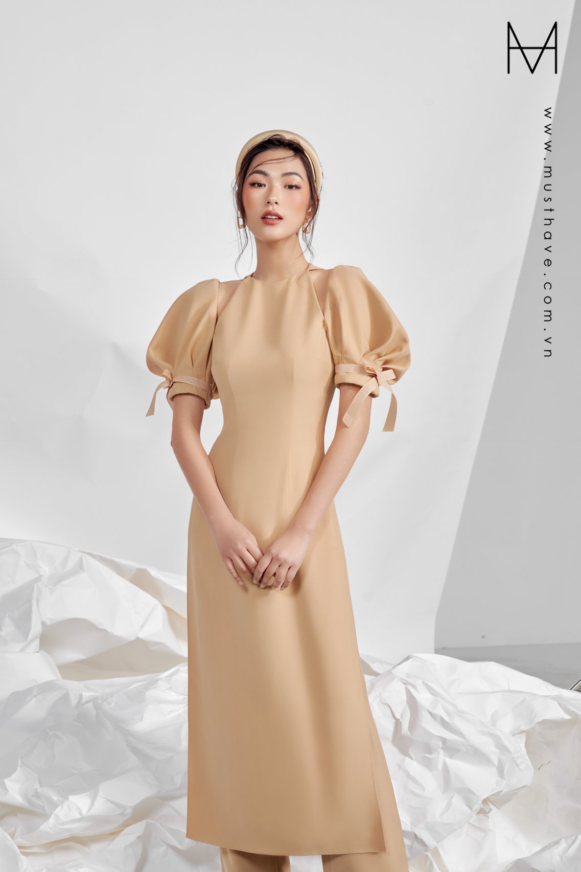 Must have set áo dài cách tân màu be tay phồng sp21-ad 01/sp21-pad 02