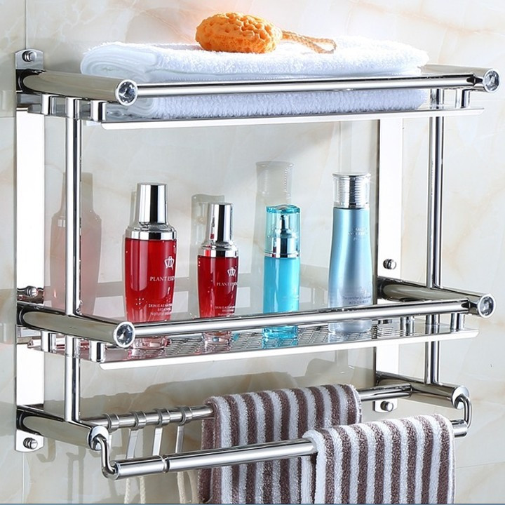 Kệ nhà tắm 2 tầng inox 304 có móc treo đồ, kích thước 40x15x38cm