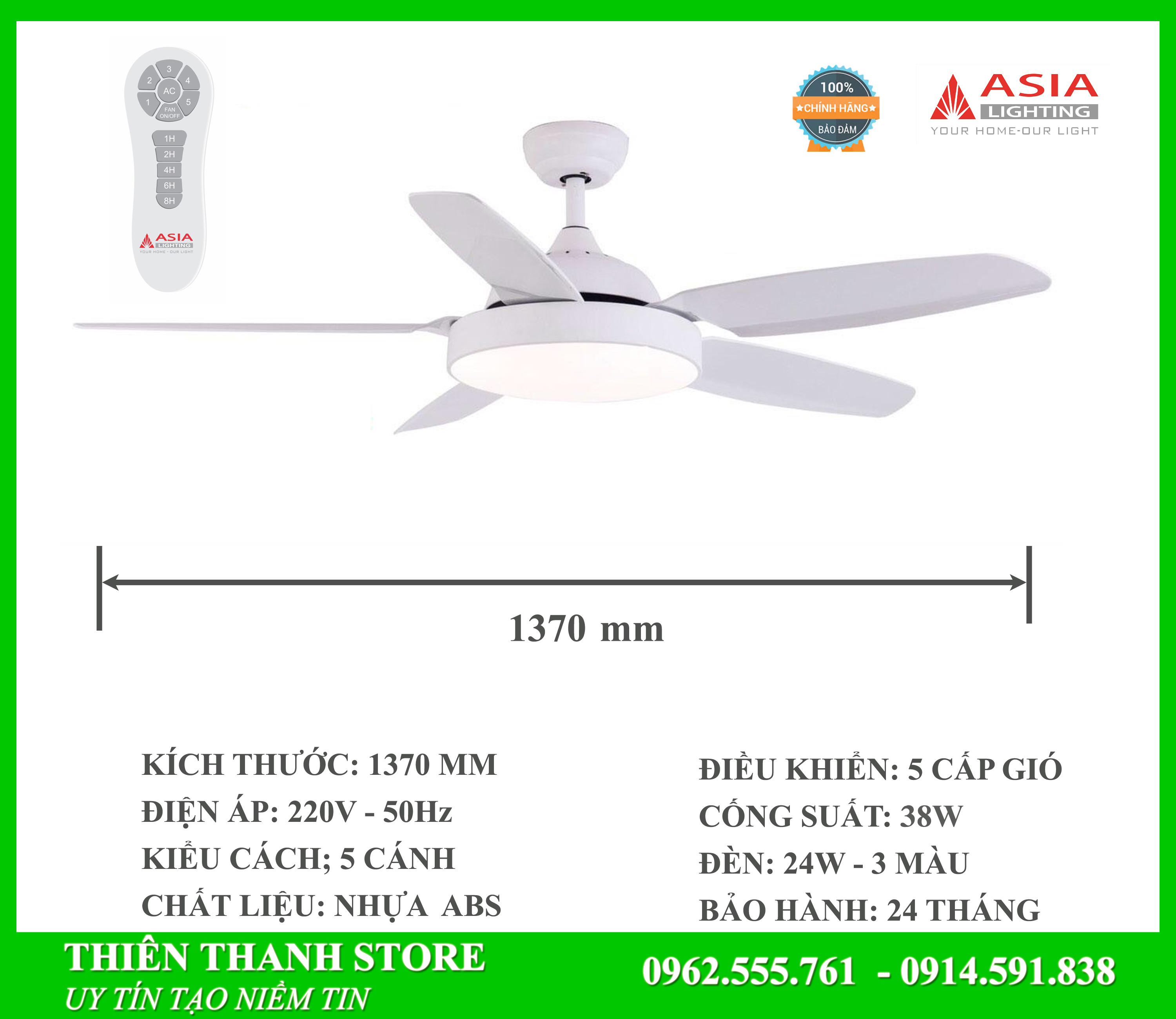 [Bảo hành 2 năm] Quạt trần đèn 5 cánh Asia Lighting QT04