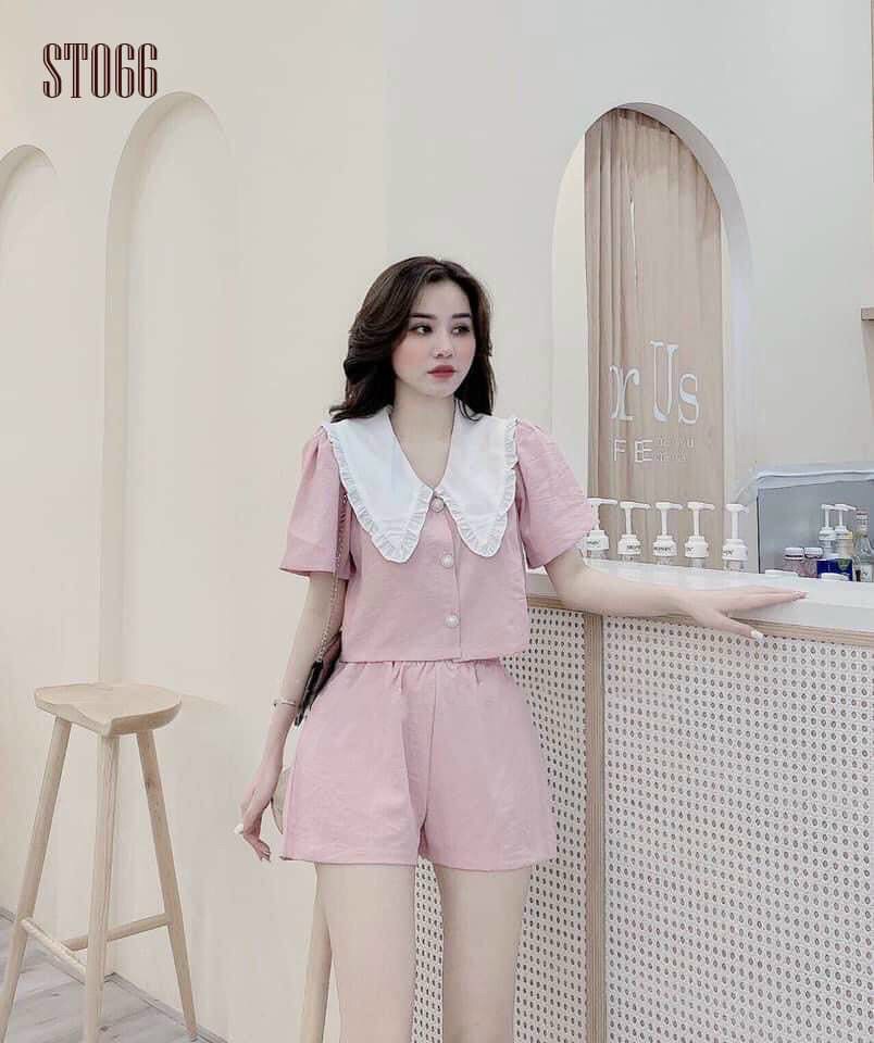 [HCM] Sét Bộ Đùi Họa Tiết Cổ Xòe Cánh Bướm 2 Màu Hồng Vàng Cực Xinh Dễ Thương Khi Dạo Phố