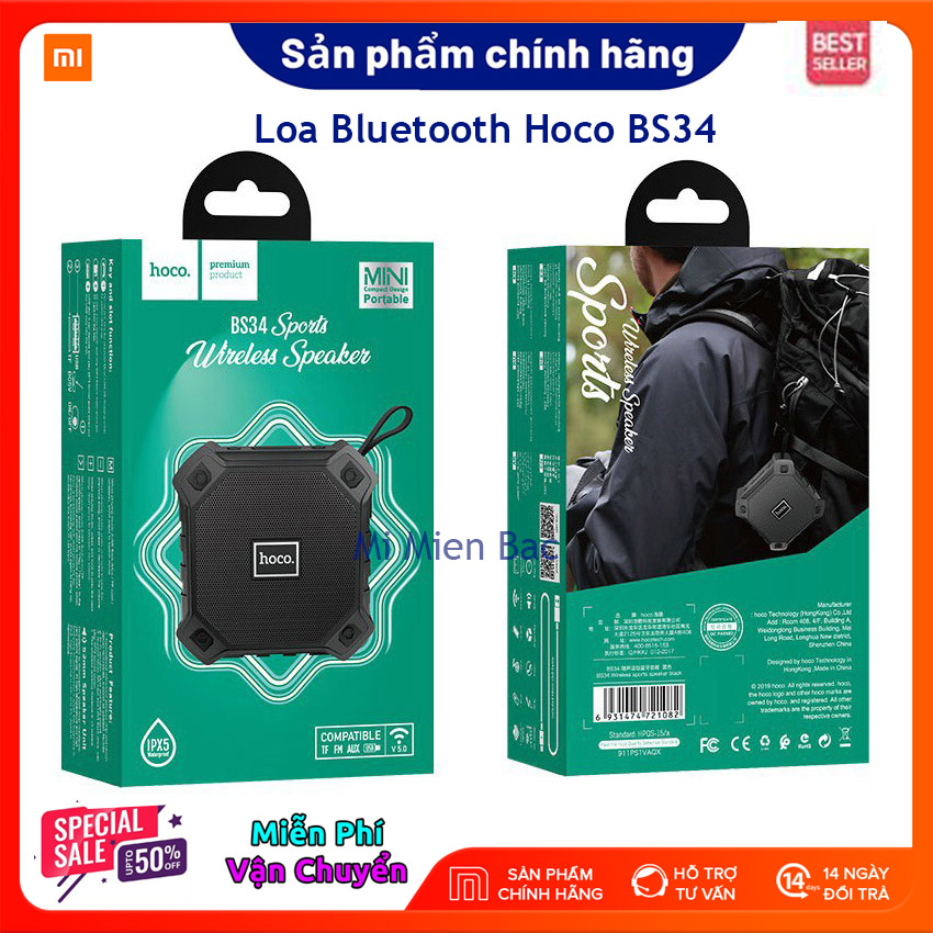 Loa Bluetooth Hoco BS34 Thể thao siêu nhỏ gọn, Chống nước, Hỗ trợ thẻ TF, Bluetooth V5.0, Pin trâu dùng cho du lịch, dã ngoại – Hàng chính hãng – Bảo hành 12 tháng – Mi Miền Bắc